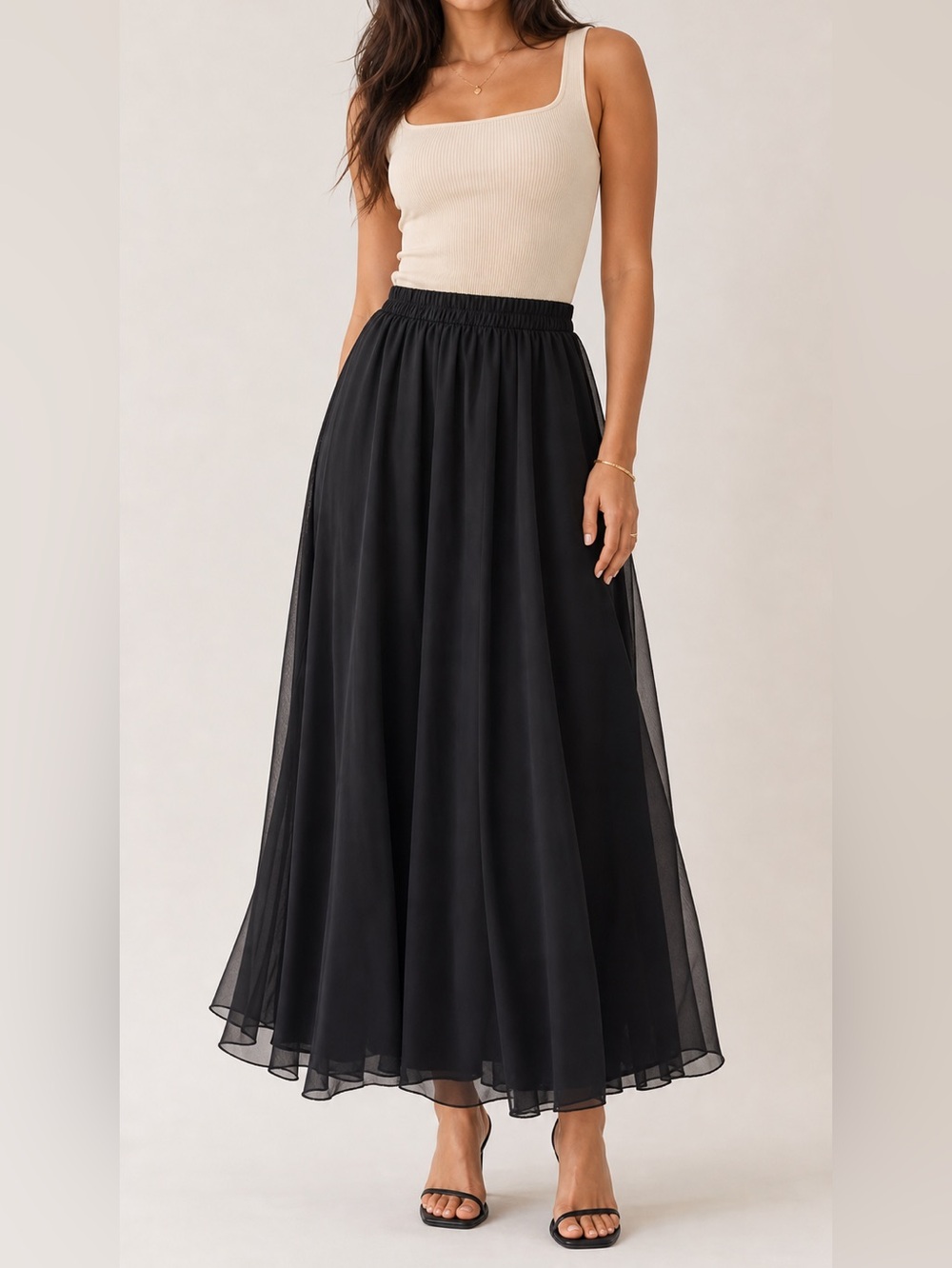 ⁠Boutique Black Chiffon Maxi Skirt Elastic Waist Layered Flowy Full Whimsigoth